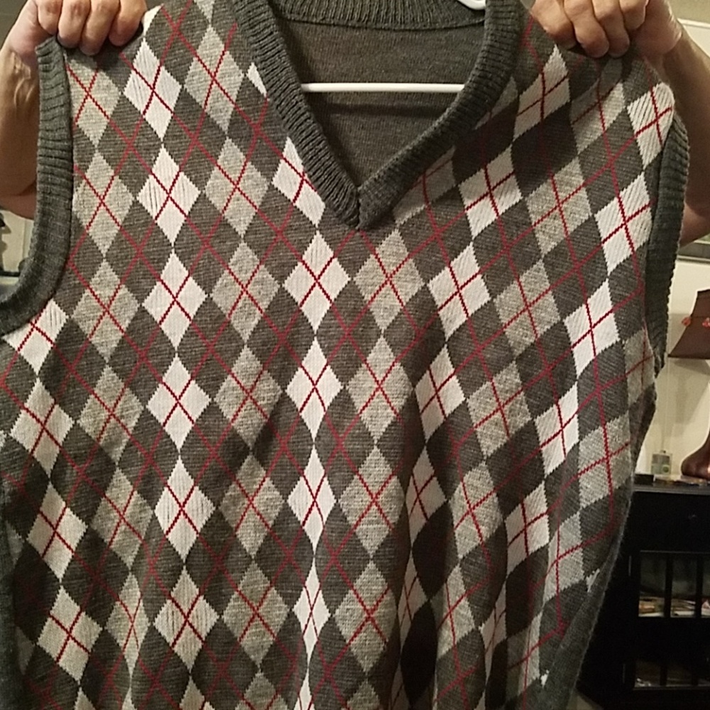 Light/Dark grey, white, red argyle v neck vest